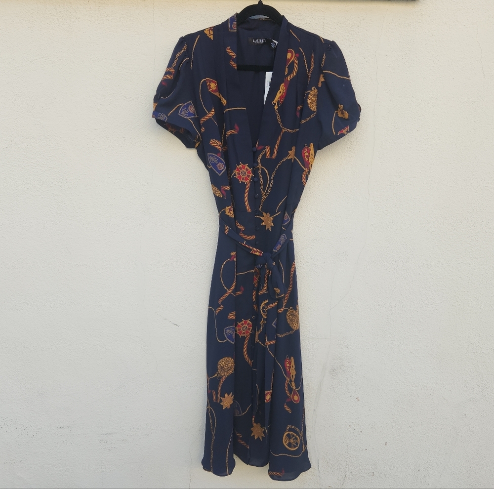 NEW NWT Ralph Lauren Navy Nautical Equestrian Belted Georgette Puff-Sleeve Dress - Picture 2 of 10